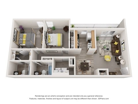 Floor plan for 2 beds, 2 baths, 850 sqft